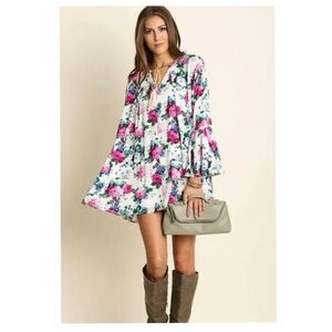 Umgee | Boho Cottage Cowgirl Floral Swing Tunic Bell Sleeves Dress | L